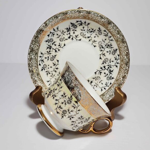 Aaco Teacup and Saucer Opalescent Gold Flowers Vintage - Picture 4 of 9